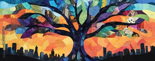 Wallpaper Mural A vibrant, artistic depiction of a tree with colorful leaves representing diversity and unity against a city skyline. Torontodigital.ca