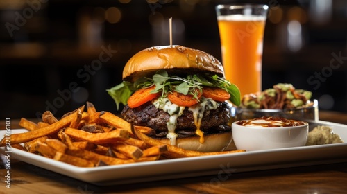 Gourmet burger with a side of sweet potato fries