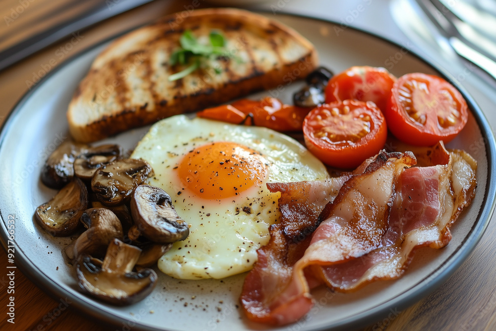 Aussie Breakfast Plate with grilled tomatoes, mushrooms, bacon, eggs, and sourdough toast Aussie Breakfast Plate with grilled tomatoes, mushrooms, bacon, eggs, and sourdough toast
