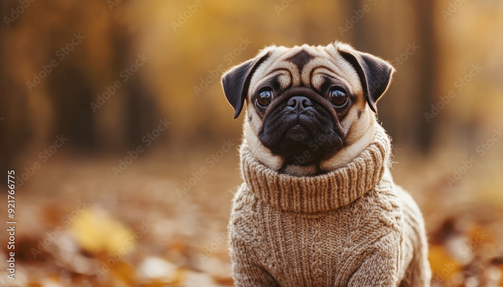 Pug wearing a cozy sweater sits among autumn leaves in a park during golden hour Pug wearing a cozy sweater sits among autumn leaves in a park during golden hour