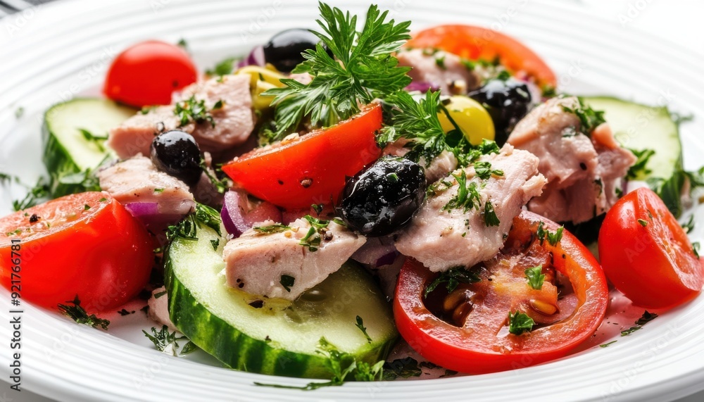 Fresh salad with chicken, tomatoes, cucumbers, and olives served on a white plate Fresh salad with chicken, tomatoes, cucumbers, and olives served on a white plate