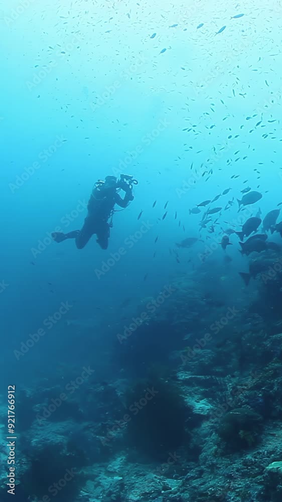 Man is diving in ocean with camera. Water is blue and fish are swimming around him Man is diving in ocean with camera. Water is blue and fish are swimming around him