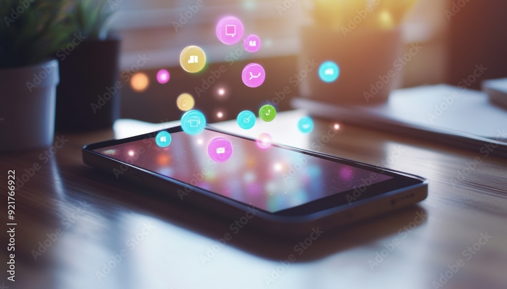 Smartphone with floating app icons on a wooden table during daylight in a cozy environment Smartphone with floating app icons on a wooden table during daylight in a cozy environment