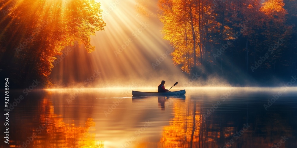 A person in a canoe on a serene lake surrounded by vibrant autumn foliage and sunlight beams A person in a canoe on a serene lake surrounded by vibrant autumn foliage and sunlight beams