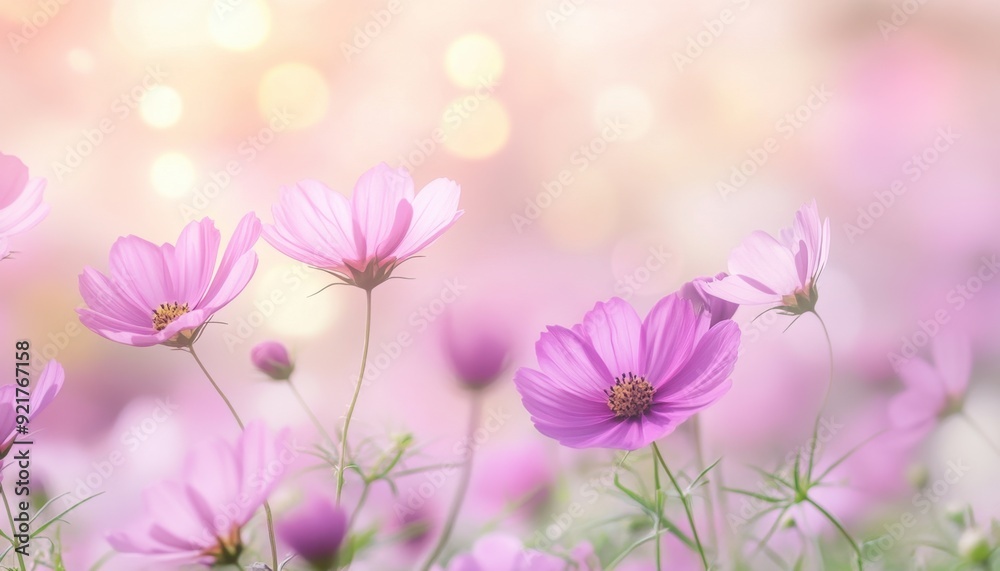 Delicate pink flowers blooming in a soft, dreamy garden setting during the golden hour