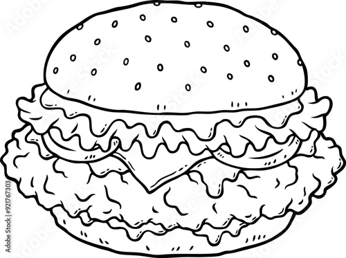 Vector Cartoon Hand Drawn Crispy Chicken Burger With Mayo Tomato Cheese Mustard And Lettuce Line Art