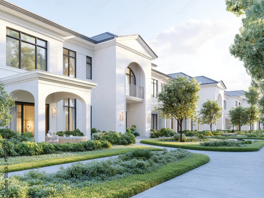 Elegant residential building with modern architecture, surrounded by lush greenery and serene pathways. Elegant residential building with modern architecture, surrounded by lush greenery and serene pathways.