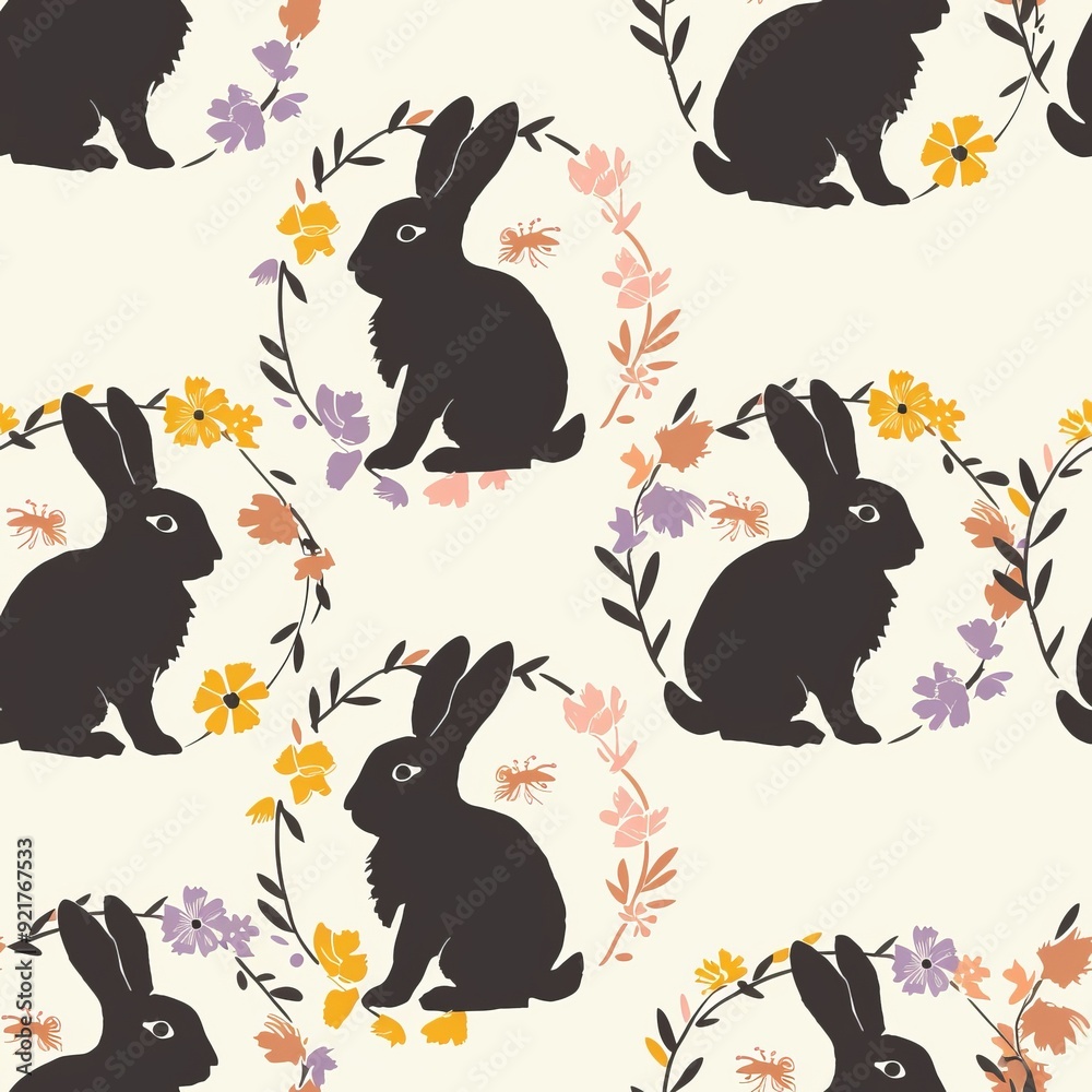 Seamless pattern of Easter bunny silhouettes and floral wreaths Seamless pattern of Easter bunny silhouettes and floral wreaths