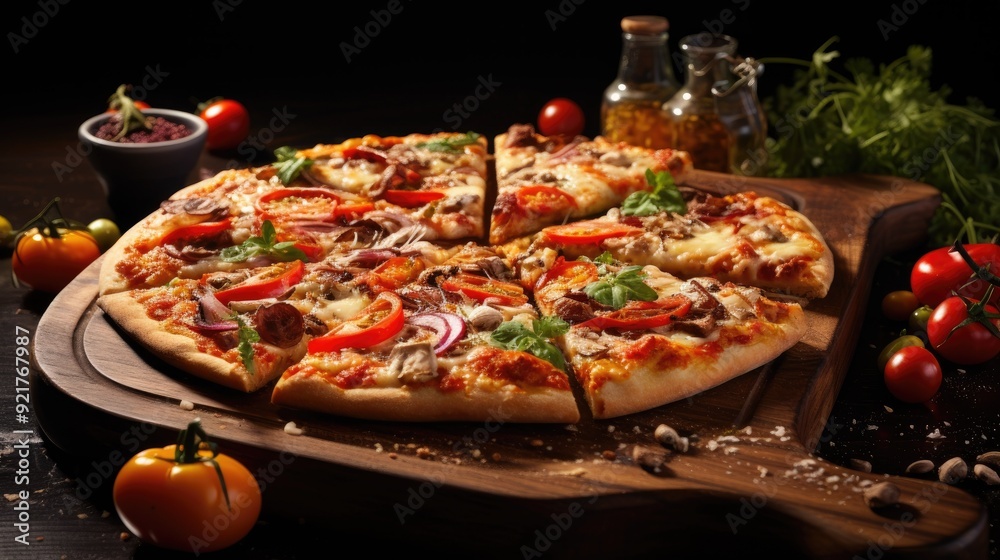 Homemade pizza with a variety of toppings on a wooden board Homemade pizza with a variety of toppings on a wooden board