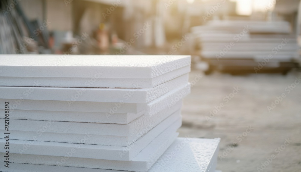 Stacked white insulation boards at a construction site during golden hour Stacked white insulation boards at a construction site during golden hour