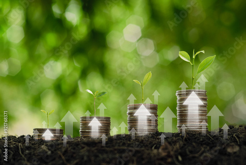 Green business growth or green investment and Finance sustainable development concept. Stack of silver coins the seedlings are growing on top with arrow of growth. Carbon credit, ESG, co2, green tax..