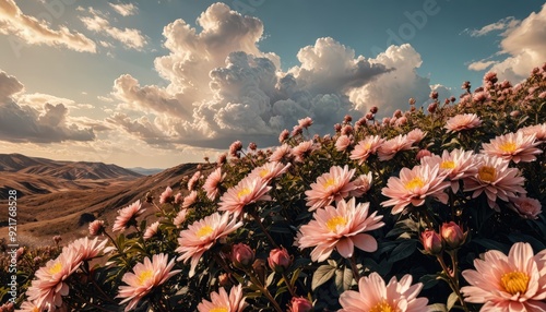 Pink Flowers Blooming Under a Cloudy Sky.