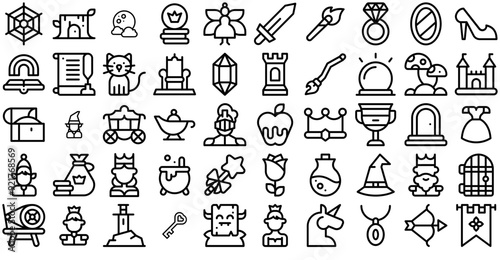 A Collection Of Fairytale Vector Symbols Apps, Websites Ui Designs Suitable For Legend,Fairy-Tale,Folklore,Fairytale,Crown Vector Illustration Linear Pictogram Pack