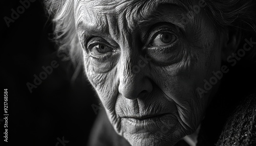 Elderly woman with deep wrinkles gazes thoughtfully into the distance in black and white portrait