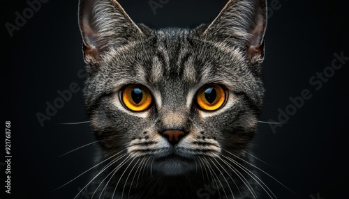 Tabby cat with striking orange eyes posed against a dark background