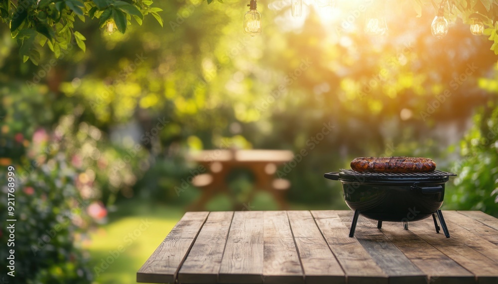 Grilling sausages on a charcoal barbecue in a sunny garden during late afternoon Grilling sausages on a charcoal barbecue in a sunny garden during late afternoon