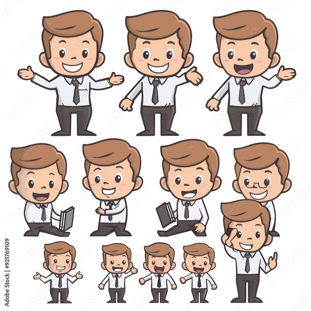 A collection of cartoon characters depicting various emotions and actions in business attire. A collection of cartoon characters depicting various emotions and actions in business attire.