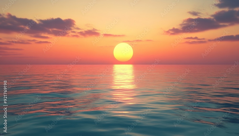 Serene sunset over calm ocean waters with colorful sky reflected in the water Serene sunset over calm ocean waters with colorful sky reflected in the water