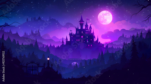 Modern twilight dark purple scene with kingdom palace, glowing windows and gates in a nighttime cartoon landscape with a fairytale medieval castle in a countryside under the light of a full moon