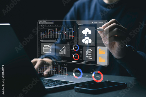 Business networks with cyber security software. Businessman shows cloud storage network technology icon, large network of backup platforms. Cloud technology concept.