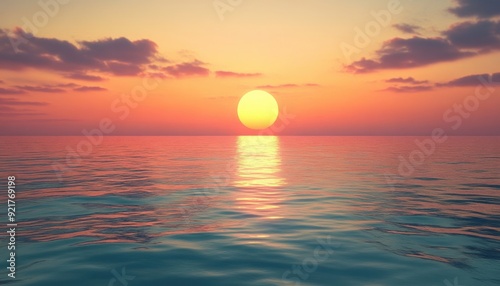 Serene sunset over calm ocean waters with colorful sky reflected in the water