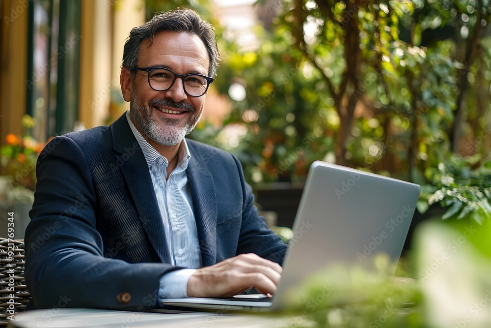 Smiling Busy Middle Aged Professional Businessman Entrepreneur Working Outdoors on Laptop Computer