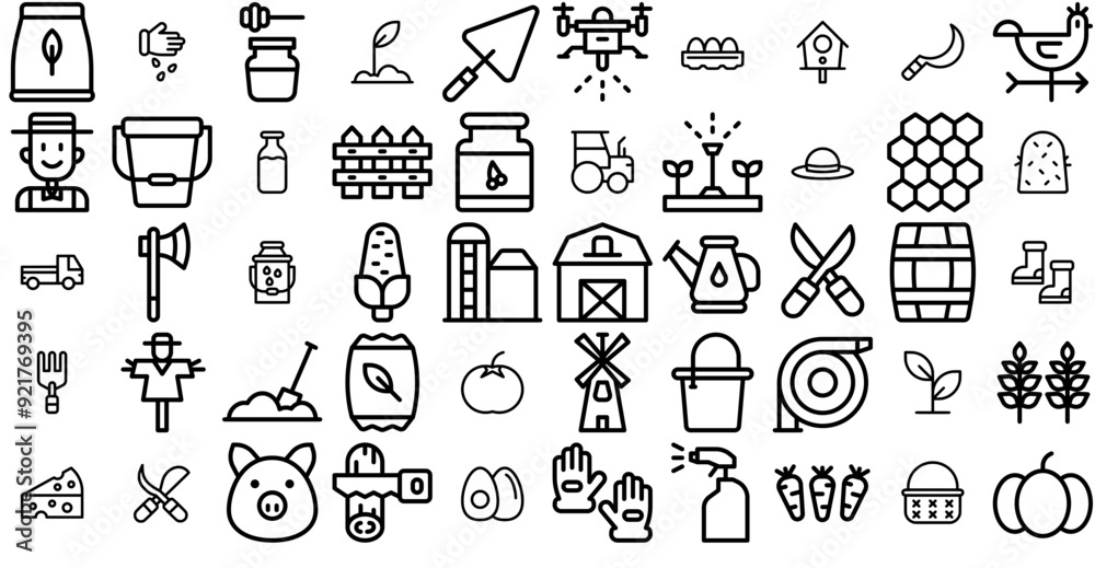 Naklejka premium Mega Set Of Vector Farming Isolated Silhouette Solid Icons With Agriculture,Farm,Farming,Bucket,Plant Business Infographic Elements Logo Vector Illustration