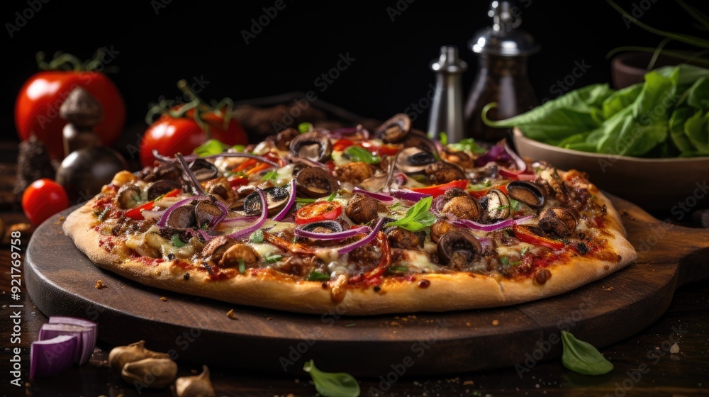 Homemade pizza with a variety of toppings on a wooden board Homemade pizza with a variety of toppings on a wooden board