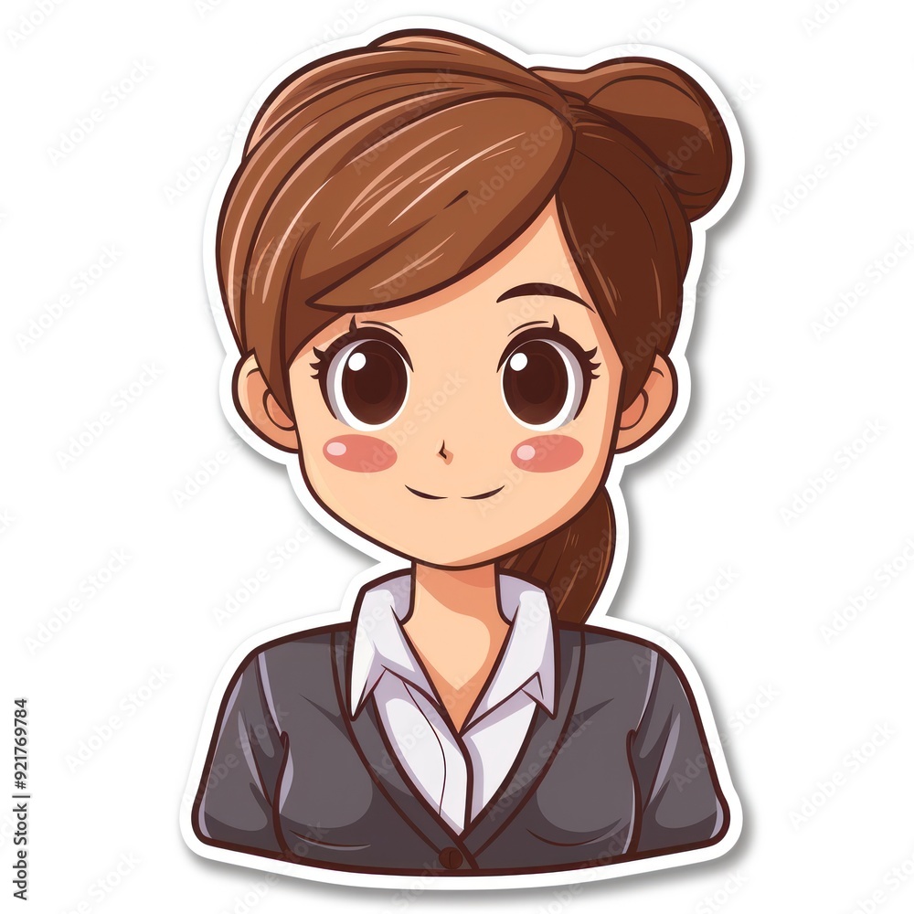 A cheerful cartoon woman with brown hair, dressed in a formal outfit. A cheerful cartoon woman with brown hair, dressed in a formal outfit.