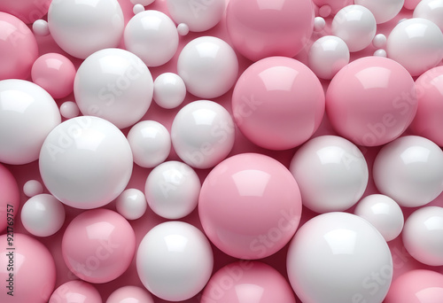 Colorful arrangement of various sized pure pink and pure white decorative balls