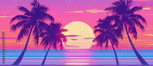 Vaporwave palm trees on the beach at sunset. Retrowave background. 
