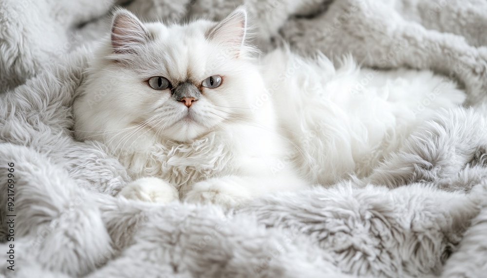 Fluffy white cat lounging comfortably on a soft, grey blanket in a cozy indoor setting Fluffy white cat lounging comfortably on a soft, grey blanket in a cozy indoor setting
