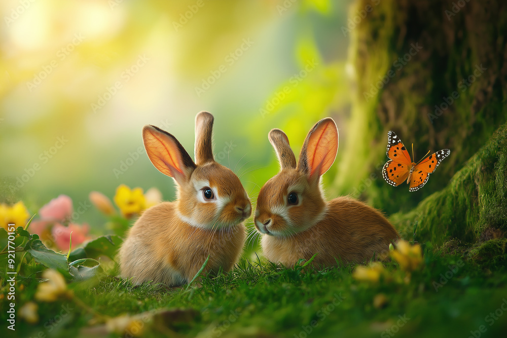 Two small brown rabbits sitting together in a lush green forest with flowers and a butterfly, capturing a moment of natural beauty and tranquility. Two small brown rabbits sitting together in a lush green forest with flowers and a butterfly, capturing a moment of natural beauty and tranquility.