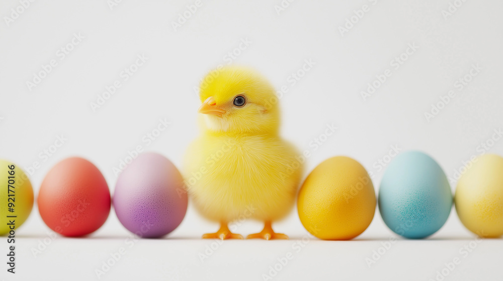 A fluffy yellow chick standing between colorful Easter eggs, set against a white background, symbolizing spring and new beginnings. A fluffy yellow chick standing between colorful Easter eggs, set against a white background, symbolizing spring and new beginnings.