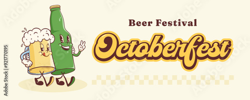Groovy Beer Octoberfest Retro Characters Banner Illustration. Cartoon Bottle and Glass Mug Walking Smiling Vector Food Mascot Template Happy Vintage Cool Beverages Drawing
