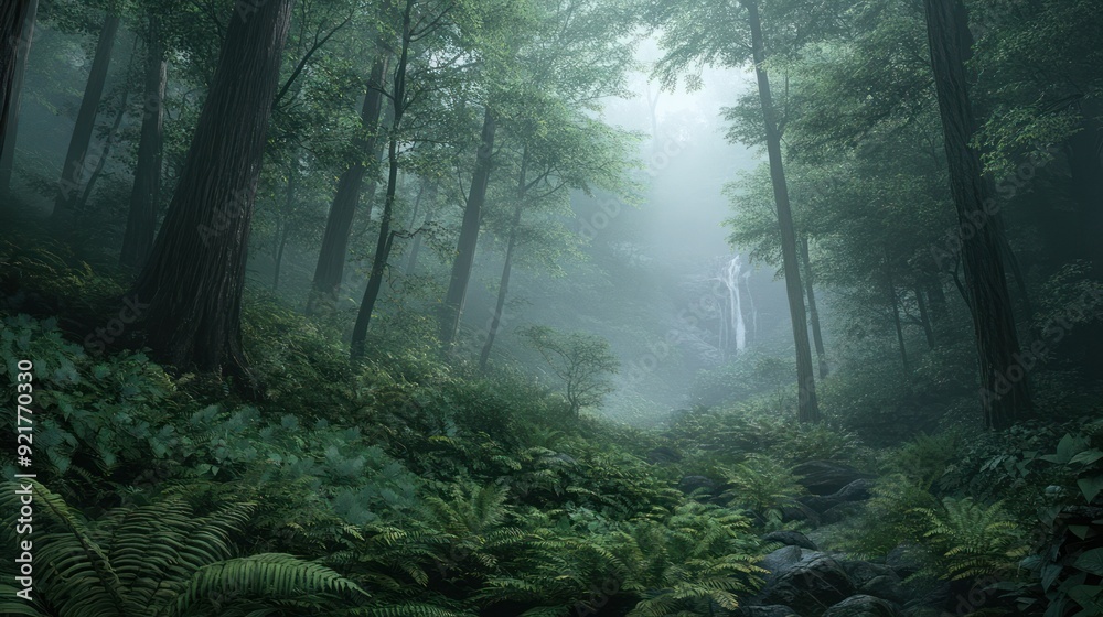 Obraz premium Misty Forest Waterfall
