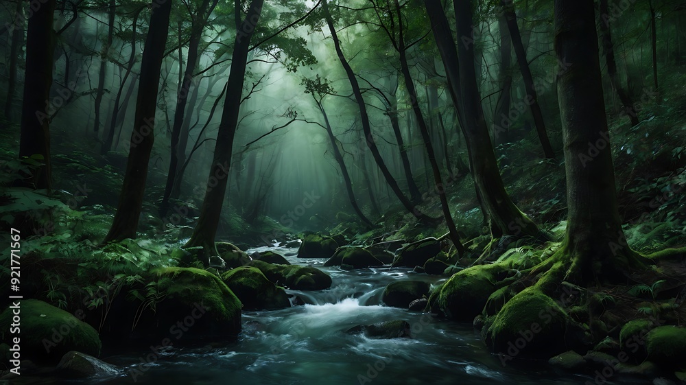 River passing through green forest in darkness, water floating in dark forest landscape view River passing through green forest in darkness, water floating in dark forest landscape view