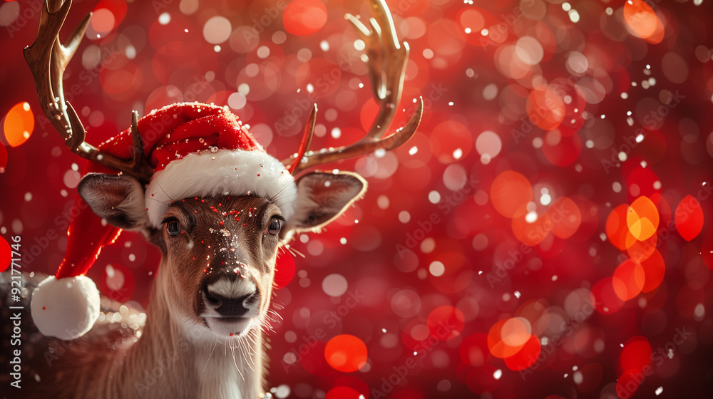 a reindeer with a christmas hat with red sparkling and snowing background for christmas a reindeer with a christmas hat with red sparkling and snowing background for christmas
