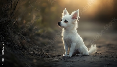 Small white dog sits quietly on a dirt path at sunset in a tranquil outdoor setting