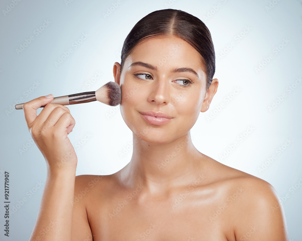 Makeup artist, apply or girl in studio with brush foundation routine, product or tools for skin. Cosmetic, woman and model with beauty equipment for face cosmetology treatment on white background Makeup artist, apply or girl in studio with brush foundation routine, product or tools for skin. Cosmetic, woman and model with beauty equipment for face cosmetology treatment on white background