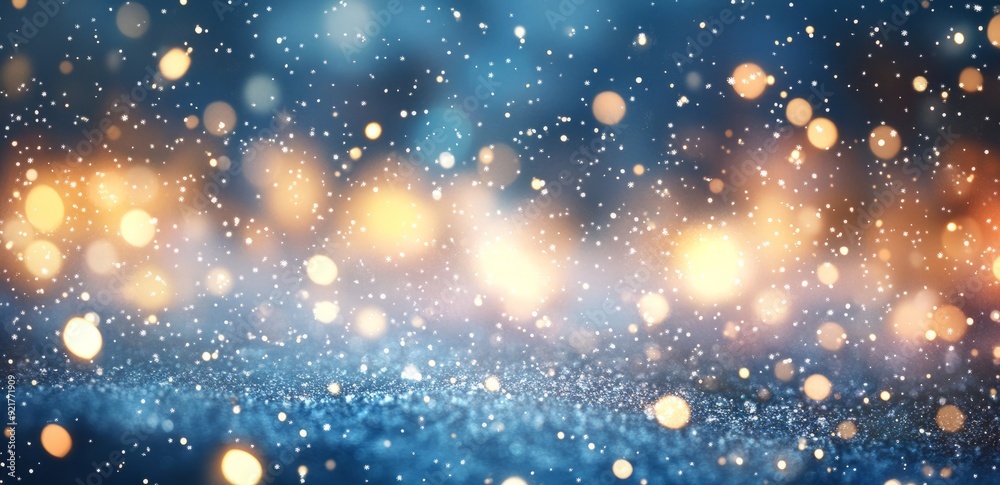 Fototapeta premium Abstract background with bokeh lights and snowflakes on a blue sky.