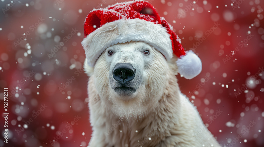 a polar bear with a christmas hat and with red sparkling and snowing background for christmas