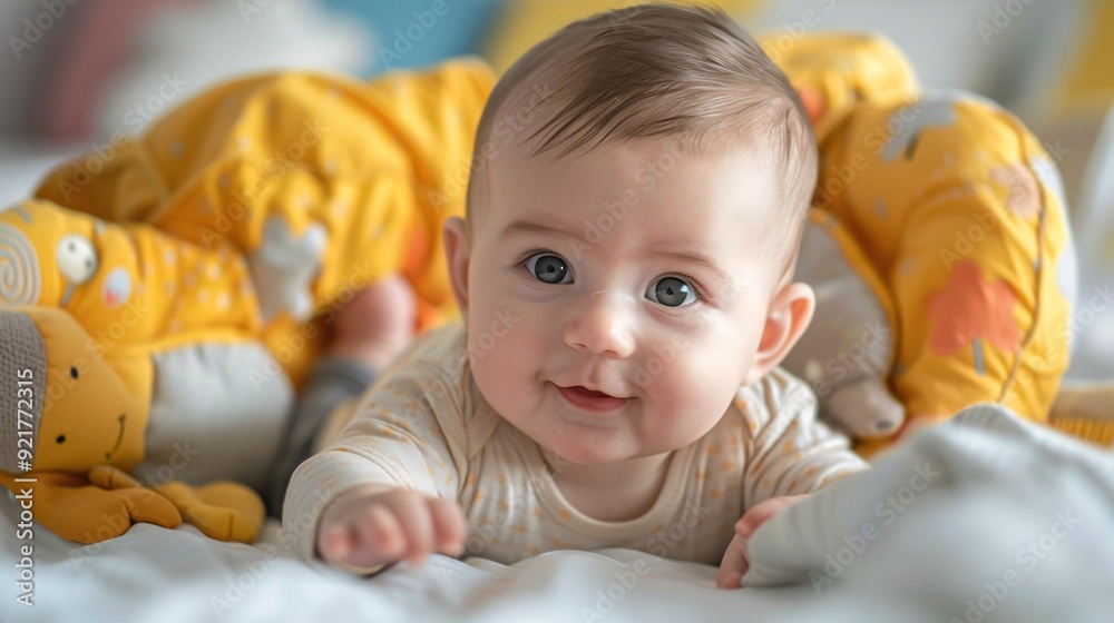 Adorable infant resting in crib at residence. Adorable infant resting in crib at residence.