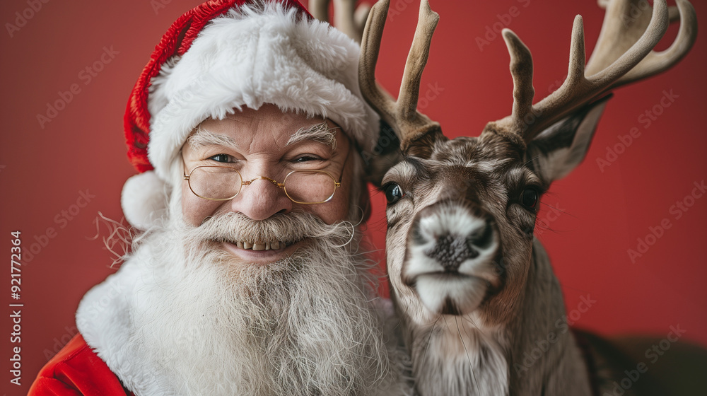 santa with a reindeer in front of a red background santa with a reindeer in front of a red background