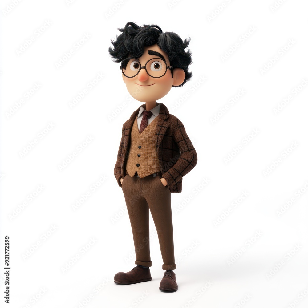 A cartoon character with curly hair and glasses, dressed in a brown suit, standing confidently. A cartoon character with curly hair and glasses, dressed in a brown suit, standing confidently.