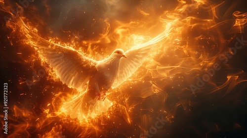 Winged dove in flames, a representation of the New Testament Holy Spirit in black background photo