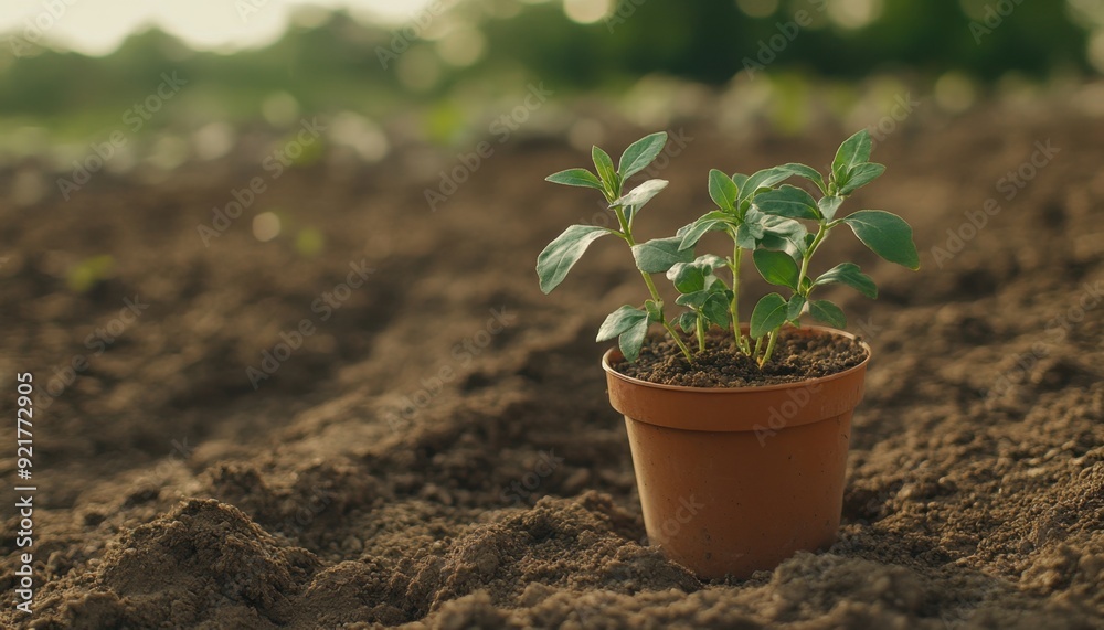 Young plants growing in a terracotta pot on fertile soil during golden hour in a garden Young plants growing in a terracotta pot on fertile soil during golden hour in a garden