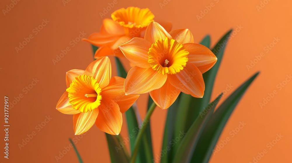 Three orange daffodils with yellow centers against an orange background. Three orange daffodils with yellow centers against an orange background.