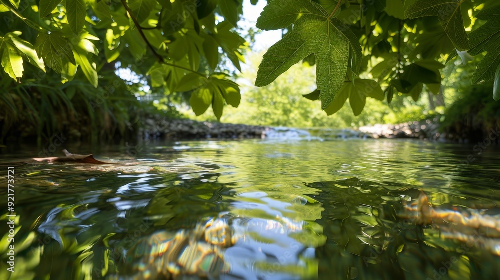 Tranquil stream under green leaf canopy, serene setting with copy space, deep depth of field capturing all details. Tranquil stream under green leaf canopy, serene setting with copy space, deep depth of field capturing all details.