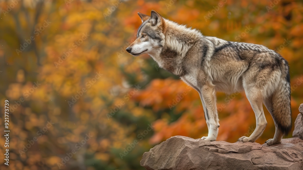Grey Wolf. Majestic Wolf Canis lupus Captured in Beautiful Autumn Canadian Landscape Grey Wolf. Majestic Wolf Canis lupus Captured in Beautiful Autumn Canadian Landscape